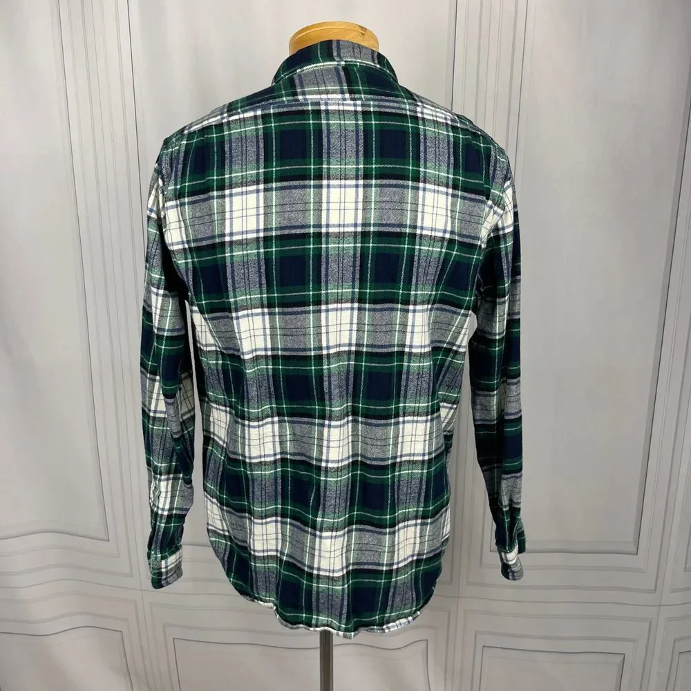 J.‎ Crew-Double Brushed Flannel Plaid Button Down Shirt-Slim Fit -Green Navy-XL